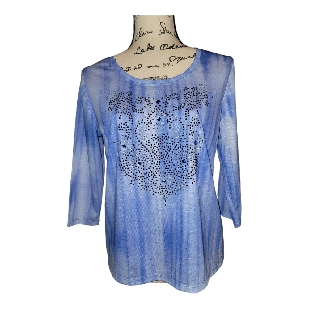 ONQUE Petite Women's Mid Sleeve Blouse Top Tee Periwinkle Blue Purple Size PM